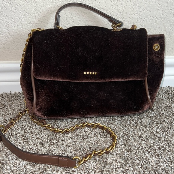 Guess Brown Velvet Shoulder Bag - Picture 1 of 7